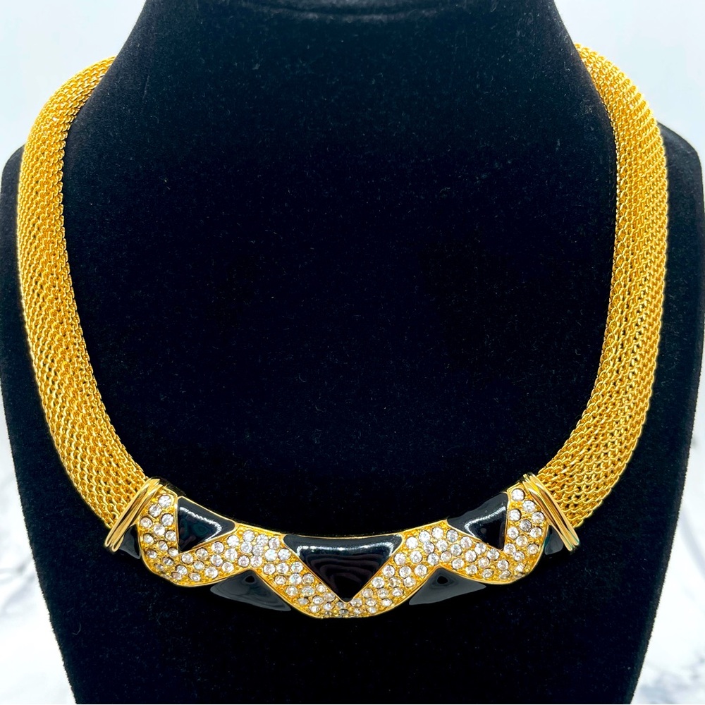 Vintage Monet Black Enamel Gold Tone Mesh Rhinestone Runway Choker Rhinestones